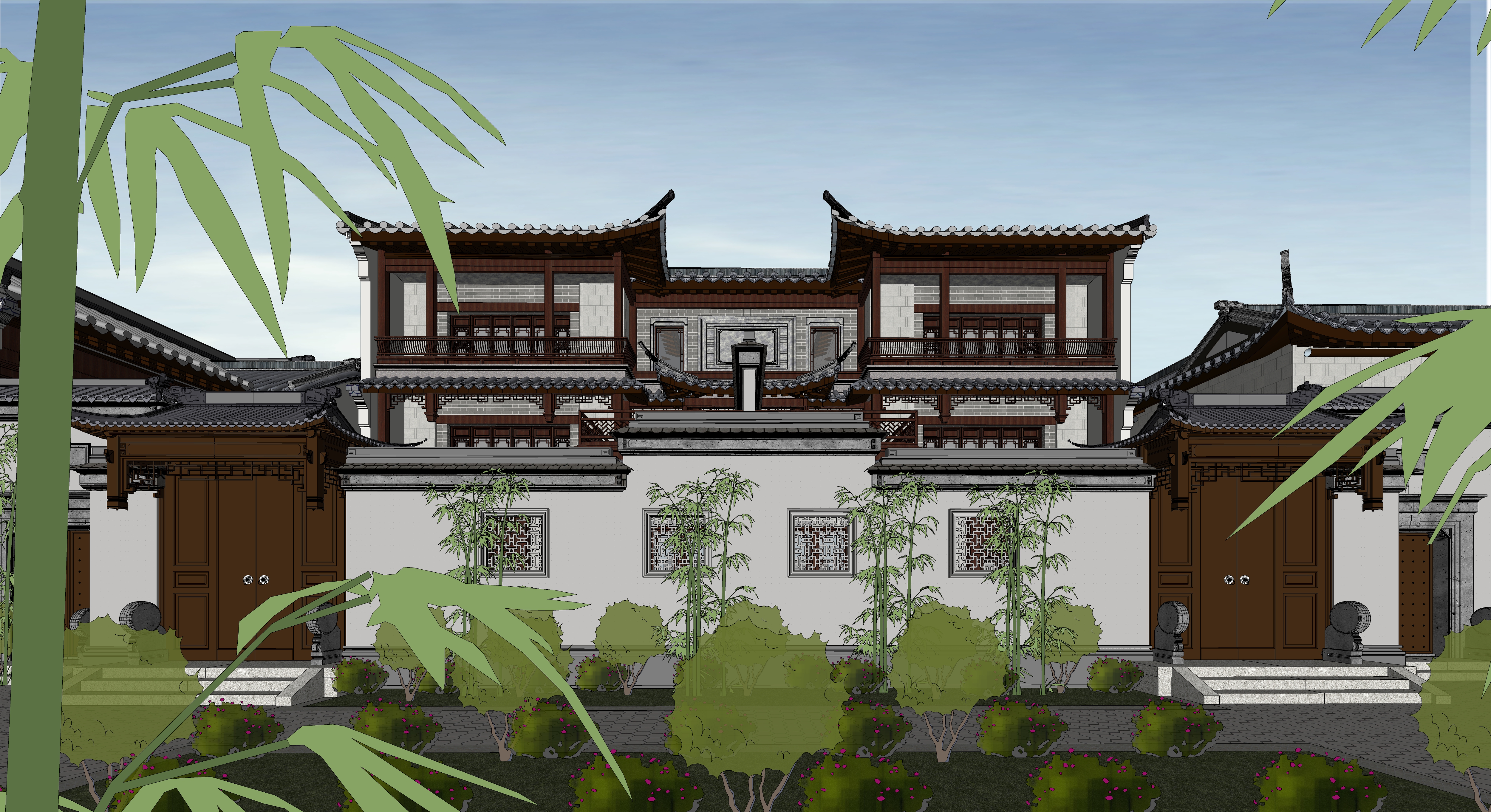 一套新中式古建筑独栋别墅建筑群su模型  官方摄影 效果图 漫游动画